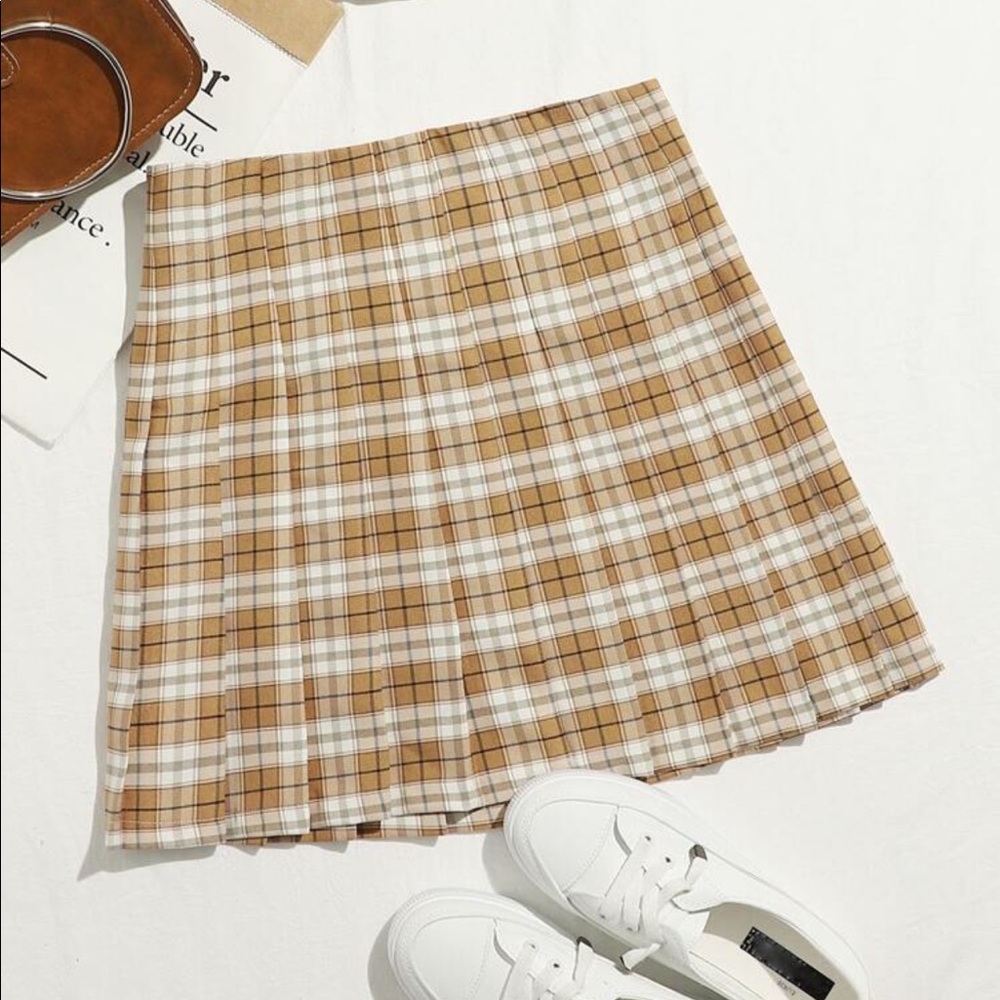 shein yellow plaid pleated a-line skirt